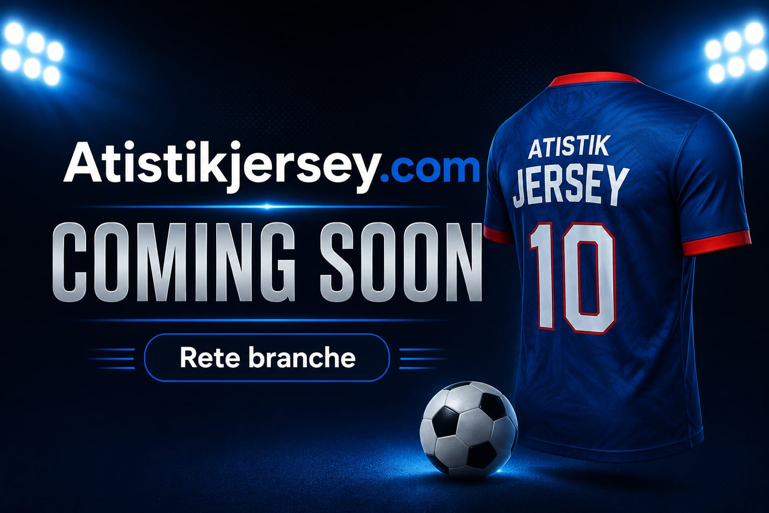Atistikjersey.com coming soon with a blue soccer jersey and stadium lights